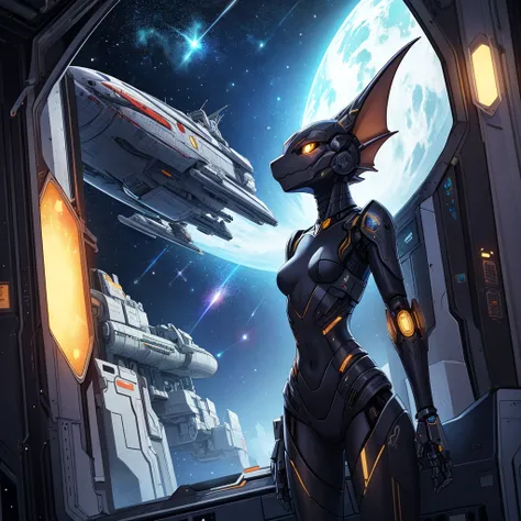 single female, furry, metallic, robotic, anthro, kobold, short, small breasts, thin body, standing in space ship, science fiction, looking out window, galaxy, stars, high quality, masterpiece,
