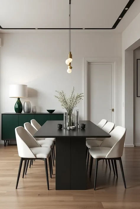 Architectural professional 3D rendering of the interior design of a modern and minimalist dining room in a luxurious and modern apartment with a dark steel dining table and upholstery of chairs  white velvet and bases dark steel and wood laminate floor and...