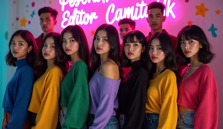 seven young woman, black hairstylish, wear blue, green, yellow, red, pink, purple, black sweater elite jacket clothes, on behind splashes painting with writing text PESONA EDITOR CANTIK in neon lights on the wall, twin young man short undercut black hair i...