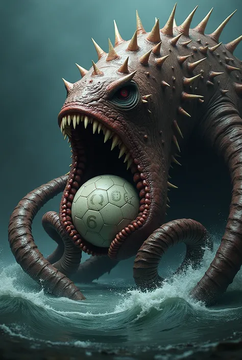  Create an image of a mutant Kraken ,  with spines on the tentacles ,  with a soccer ball inside its mouth, Written " Qc 06