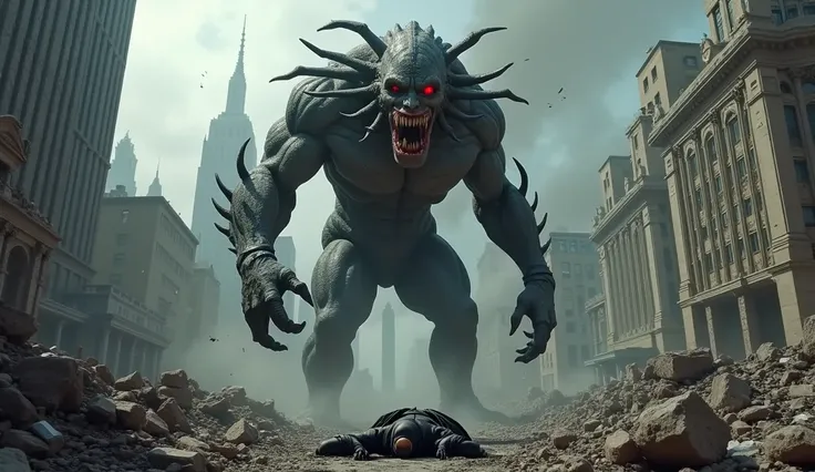 The Apocalypse monster from DC comics, looking at Batman who is lying on the ground all injured amidst the destruction