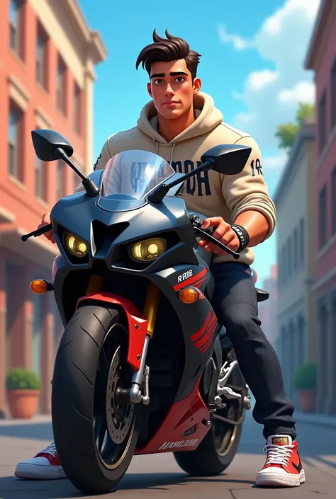 Animated 20-something muscular boy with a Yamaha r6 wearing a sweatshirt that says Hamilton
