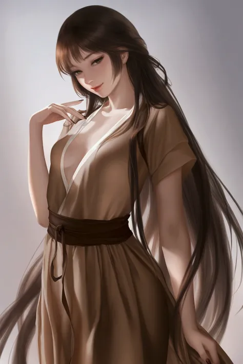 brown hair ,brown hanfu, small breasts, very long hair, seductive smile, masterpiece, best quality, realistic, 8k, official art, cinematic light, ultra high res, perfect female body, sharp focus, guofeng, 1girl, solo, chinese clothes, realistic, nail polis...