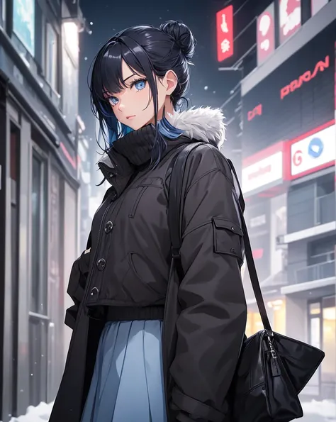   top quality, 
 1 Woman ,   black hair ,There is a colored bun on her back with blue hair inside  ,Girls in their 30s,snow,  Girl with blue eyes
A girl in a black top and gray skirt is wearing a black coat on the winter city at night ,   Picture of a slen...