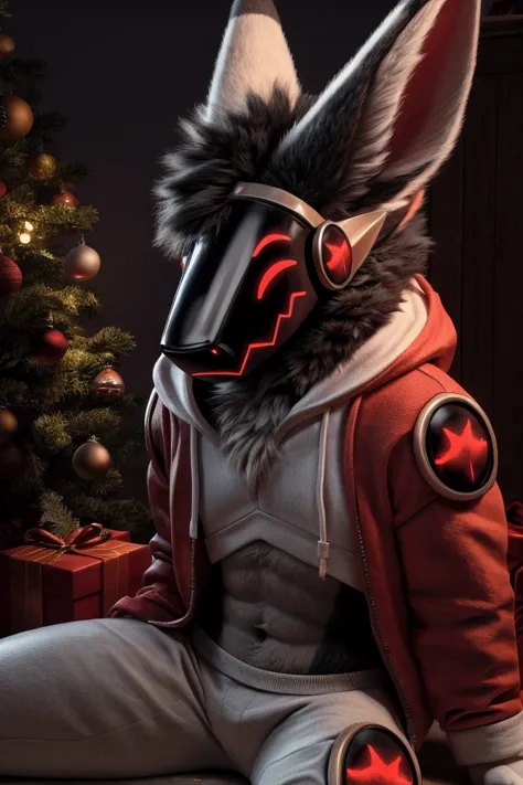 protogen, black fur, red panels, white hoodie, thin body, big ears, four ears, sitting in a christmas setup
