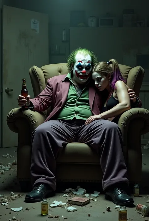 The depressed joker , very fat,  calvo, Very poorly made up and sitting in an armchair drinking some beers in a sad and super messy dark room with his totally depressed girlfriend Harley Quinn