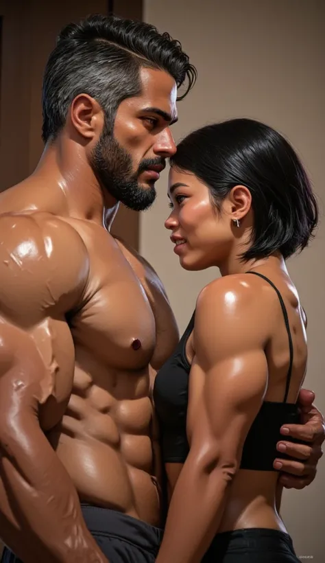 A captivating scene of an intimate moment between a 46-year-old Saudi Arabian man with light tanned skin and a young 18-year-old Asian teenager. The man, standing tall and muscular, exudes an aura of strength and confidence, complemented by his very handso...