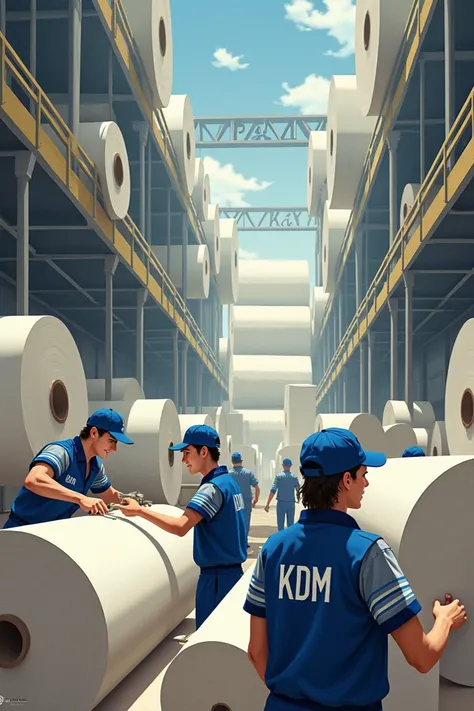 The paper recycling plant and the workers should be in blue and gray uniforms with large letters KDM and the workers should wear caps on their heads, they should be producing paper, then they should be wrapping and cutting the papers and there should be la...