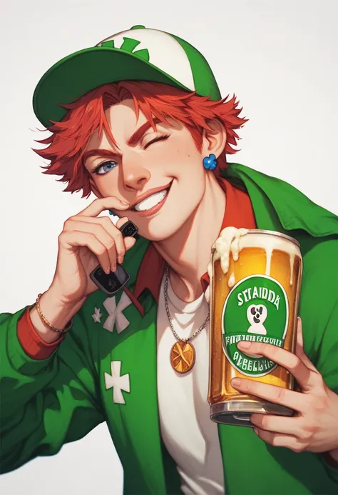 Irish mascot , st patrick, cell phone, beer, segurando beer, red-haired,  white background