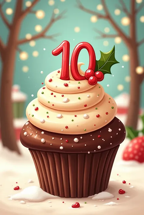 Cartoon chocolate cupcake with a Christmas touch with the number 10 and that says Miss Anayeli 