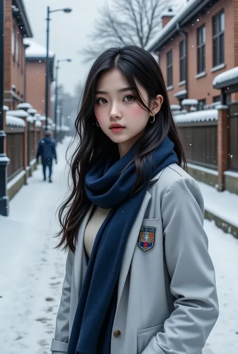 Fresh snow、(Footprints of female students walking on snowy roads:1.5)、 Quiet Winter Scenery 、 detailed face 、 Beautiful Detailed Eyes 、 detailed lips from home、 long eyelashes、 school uniforms、Walking pose、 cinematic lights、Soft colors、 Subdued Colors 、( t...