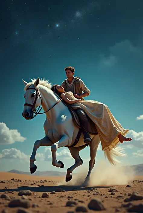 A very clear HD dynamic image of. "A young man riding a white horse under the starry night sky, carrying the lifeless body of a princess draped in royal garments. The scene is filled with urgency as the horse gallops through a deserted landscape." 