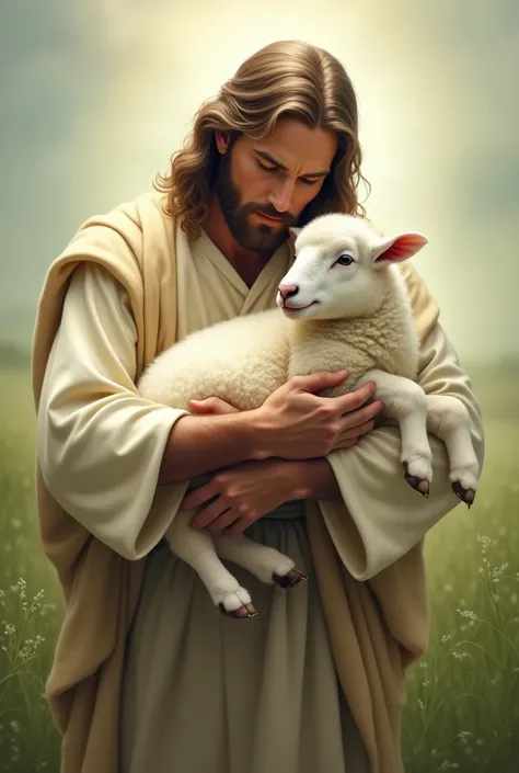 Make an image of Jesus embraced with a white sheep