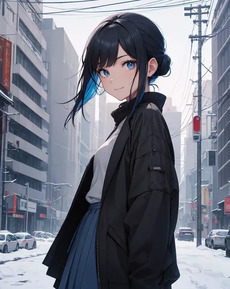   top quality, 
 1 Woman ,   black hair ,There is a colored bun on her back with blue hair inside  ,Girls in their 30s,snow,  Girl with blue eyes
A girl in a black top and gray skirt is wearing a black coat on the winter city at night ,  A little smile,
 P...