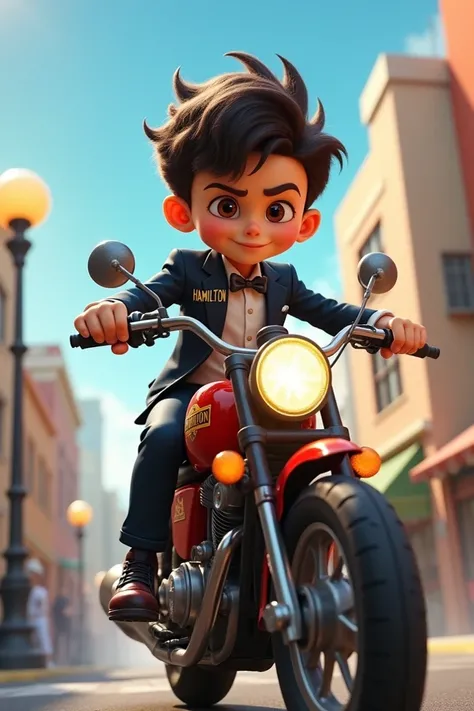 Animated boy riding a 150 motorcycle in a suit that says Hamilton