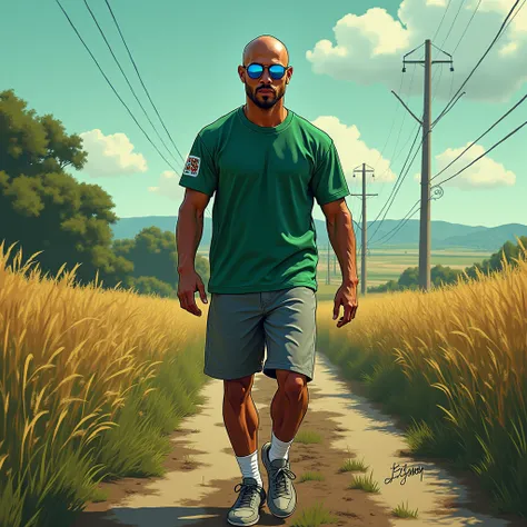 Book cover illustration, man,a man with blue mirrored glasses, on his way to the countryside, bald man, cristiano ronaldo, man with green shirt and gray sneakers, detailed portrait, hyperrealistic, octane render, cinematic lighting, dramatic contrast, dyna...