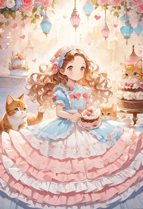 Wavy haired woman and cats making a cake、romantic background with lace pattern