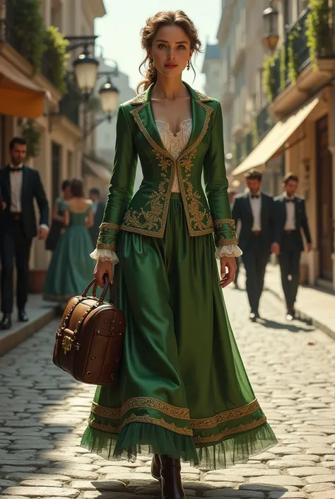 A young and beautiful European woman from the late 19th century, exuding sophistication as she strolls confidently through a charming town. She is dressed in a tailored moss green brocade jacket with intricate gold embroidery on the lapels and cuffs, perfe...