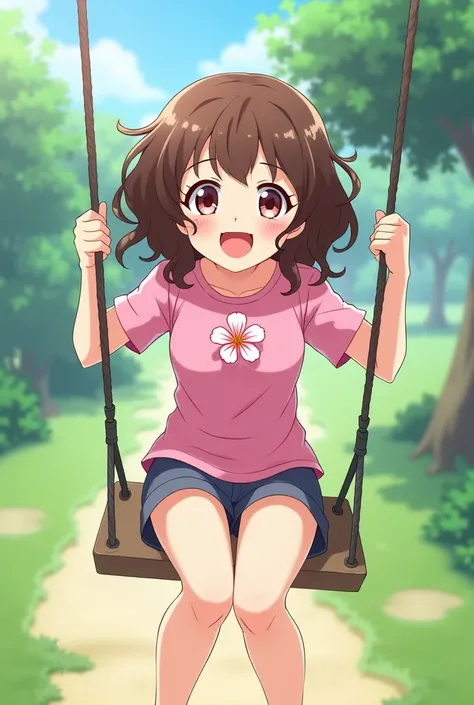 Create an anime girl wearing shorts and a pink shirt with curly brown hair and a big smile on a swing going up and down and her heart is a beautiful pink and white carnation in a park 