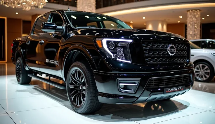 Close  front  view of painted  black with shiny clour   2025 Nissan Titan XD sleek in large shape sedan in large size with  2025 Nissan Titan XD sleek logo on its large detailed grille in shiny black clour with angular sporty design captured from close   f...