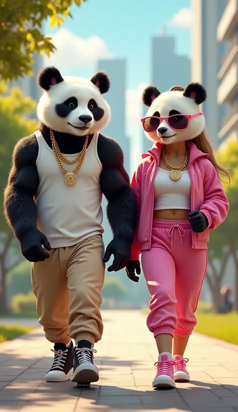 Prompt for artwork: "Two muscular anthropomorphic pandas walking confidently in a modern city park. The male panda is wearing a white tank top, gold chains, and beige joggers, while the female panda is dressed in pink athletic wear and stylish sunglasses. ...