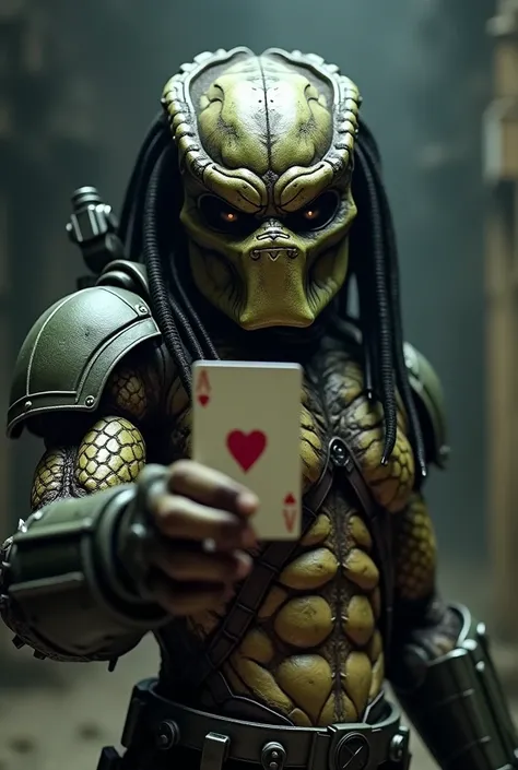 ((masterpiece, highest quality, Highest image quality, High resolution, Extremely detailed photography, 8k wallpaper)), predator , holding a card say “gimme buzz”