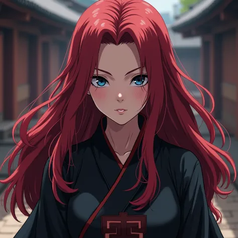 A woman from the Uchiha clan with a white complexion with freckles, very dark red hair and navy blue eyes in the style of the Naruto anime in Akatsuki
