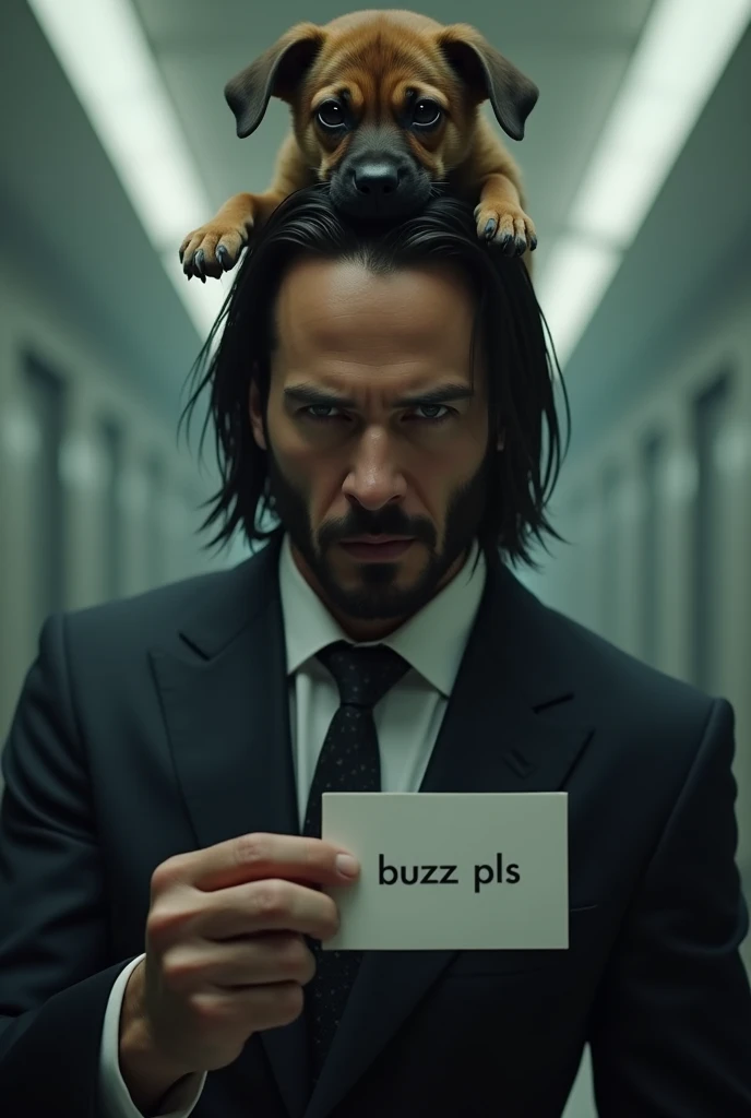 ((masterpiece, highest quality, Highest image quality, High resolution, Extremely detailed photography, 8k wallpaper)), John wick, dog on his head, holding a card say “buzz pls”