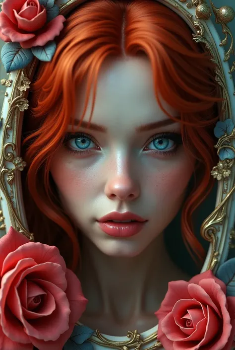 steampunk style, a close up of a beautiful woman red hair blue Eye in a frame, a rose on a table, surreal art, detailed digital 3d art,  melting, 3d render digital art