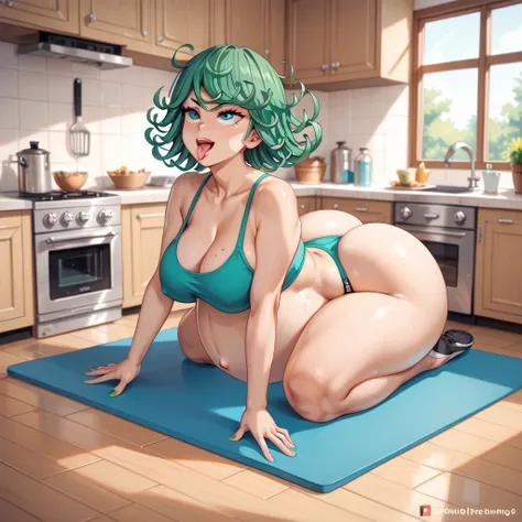 huge breasts, huge Butt, High Resolution, Accurate, Best Quality, Anatomically Correct, Textured Skin, 1girl, Solo, Smile, eyes looking up, Open Mouth, Tongue out, peace sign, tatsumaki, thick thighs, yoga, downward dog pose, in kitchen, pregnant