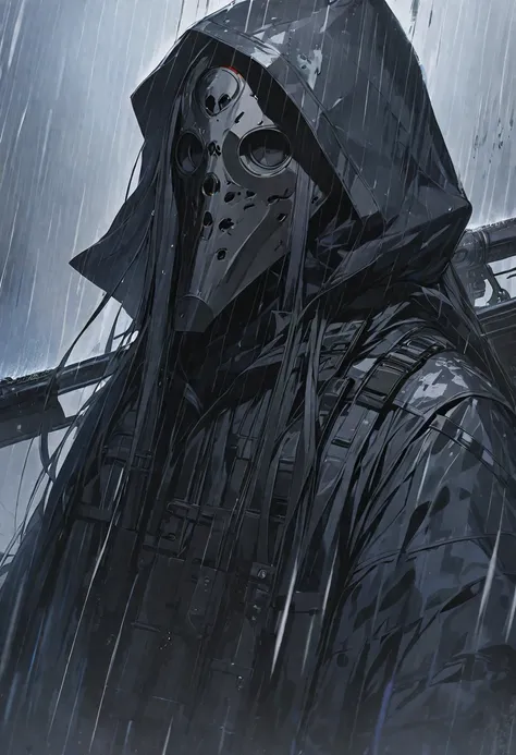 Alone,  good-looking,  1 woman ,  long hair,  black hair, Gray eyes, black coat, black gloves,  black hoodie , Neutral expression ,  black plague crow mask that covers half of the face, rifle, rifle을 손에 든, Rainy, bangs, Heavy rain , gray