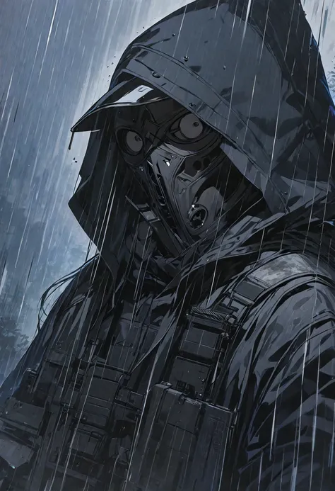 Alone,  good-looking,  1 woman ,  long hair,  black hair, Gray eyes, black coat, black gloves,  black hoodie , Neutral expression ,  black plague crow mask that covers half of the face, rifle, rifle을 손에 든,  raining, bangs, Heavy rain , gray