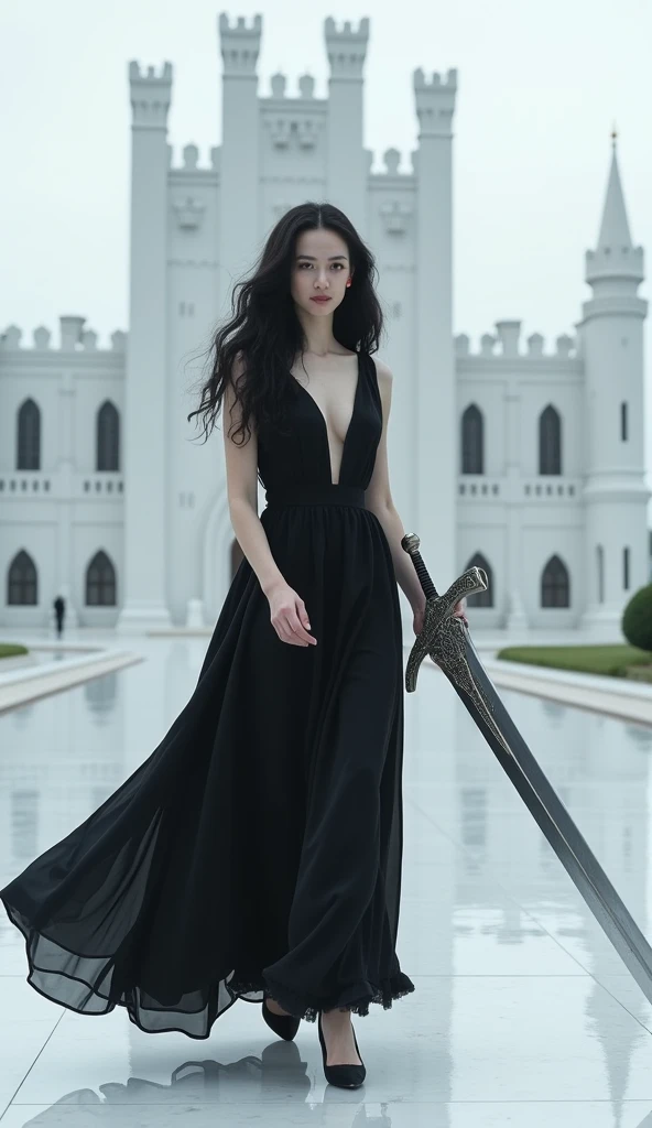  Make an image of a woman with white skin ,  voluminous black hair wavy at the ends ,  light gray eyes, You must wear a flowing black dress ,  you must hold a large silver sword firmly in your right hand,  the image must show her full body walking on a whi...