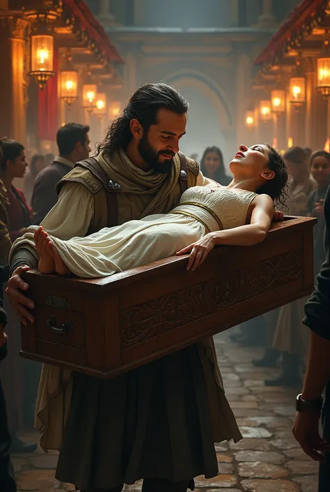 A very clear HD dynamic image of.  The man places the princesss body gently into a beautifully carved wooden chest. He then walks into a lively inn with the chest on his back, requesting a room from the innkeeper."

