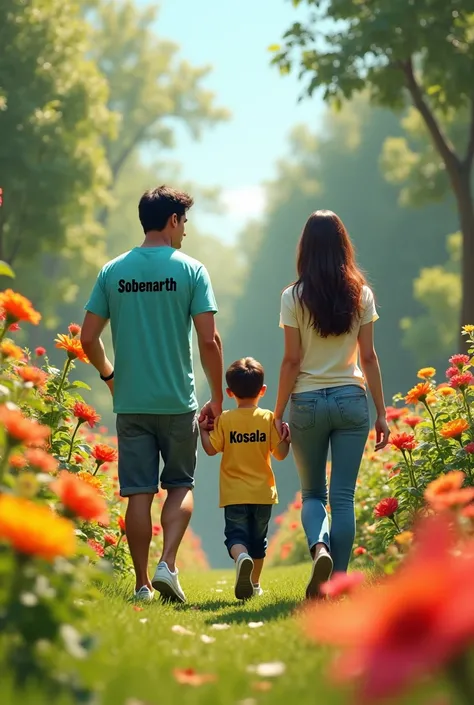 Father an mother an san are walking in a flower garden the father t shirt name sobenarth an mother t shirt name  kosala an san t shirt name arshjanan all letters colour black 