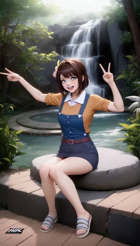 smiling young woman, sitting posed, at natural park, waterfall, v sign hand, (+swept-side bang,brown shoulder-length hair, mullet hair), wear light-orange short sleeves shirt (+collared shirt), navy-blue denim suspenders, navy-blue denim pencil skirt (+bro...