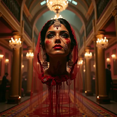 In a grand, ornate marriage hall filled with colorful decorations and rich traditional elements, the Bloody disembodied head of a Desi bride floats eerily in mid-air. Her face is painted with intricate bridal makeup, featuring bold red lipstick, dark kohl-...