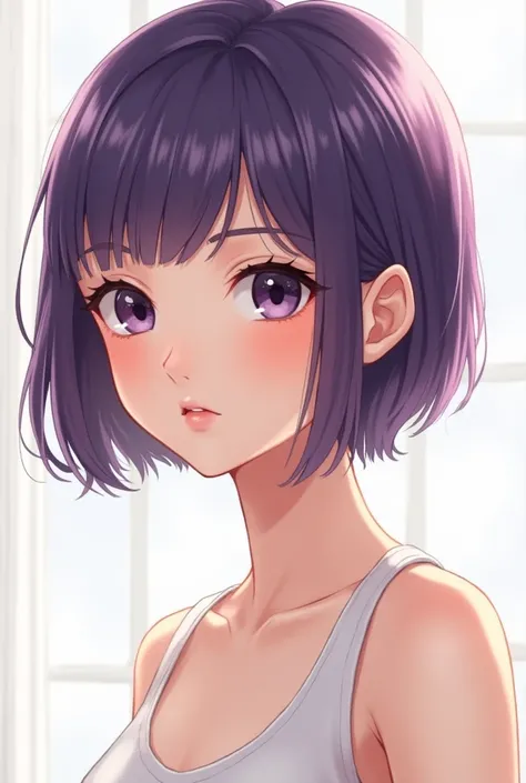 "A highly detailed and realistic illustration of a 16-year-old girl with sleek, short purple hair that falls close to her face, with a few strands softly draping over her forehead. Her facial features are youthful and slightly rounded, with a natural softn...