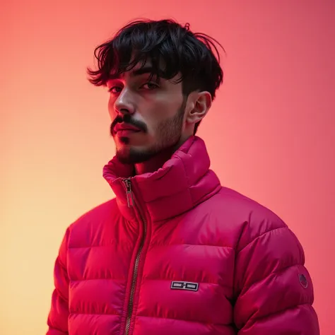 tall, thin and defined young man, wearing reddish pink cyberpunk clothes, mustache and beard, hair with bangs divided on both sides