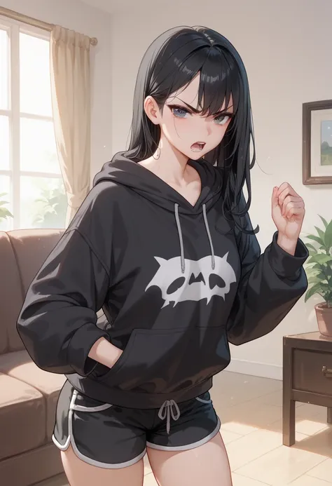 1 girl, angry, black hair, oversized hoodie, very loose hoodie, black hoodie, black shorts, living room background  