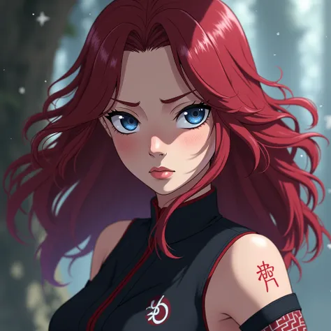 A woman from the Uchiha clan with a white complexion with freckles, very dark red hair and navy blue eyes in the style of the Naruto fighting anime