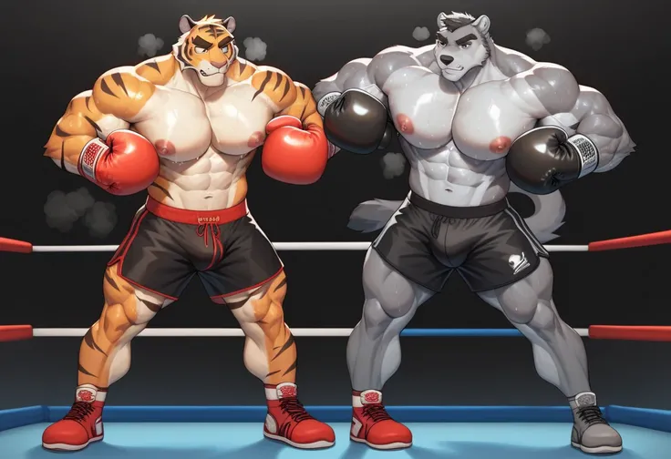 Duo anthro male(anthro Gray Wolf vs anthro Orange Tiger), handsomes(handsome hairstyles, Thick eyebrows, detailed face), gay(Boxing pose, distance, on a boxing ring match, full body, black background), hot(Shirtless), handsomes(They are handsomes, correct ...