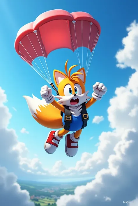 

**Description for AI:**

- **Scenery:**  Tails Prower is in free fall from a great height ,  with the parachute open above him .  It is surrounded by blue sky and fluffy clouds ,  while the distant ground looks small and distant .  The sense of speed is ...