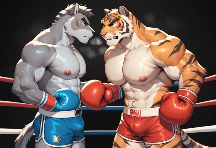 Duo anthro male(anthro Gray Wolf vs anthro Orange Tiger), handsomes(handsome hairstyles, Thick eyebrows, detailed face), gay(Boxing pose, distance, on a boxing ring match, black background), hot(Shirtless), handsomes(They are handsomes, correct anatomy), m...