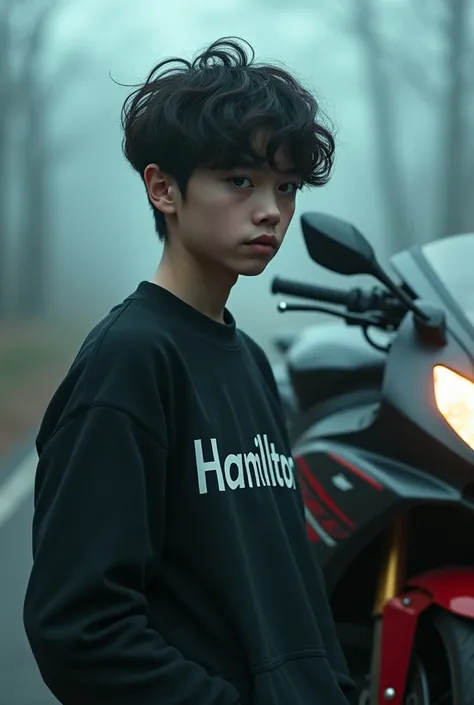 19-year-old surreal boy next to an R6 wearing a sweatshirt that says Hamilton