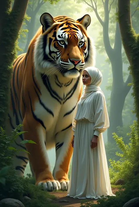 Woman in white hijab with giant tiger in forest