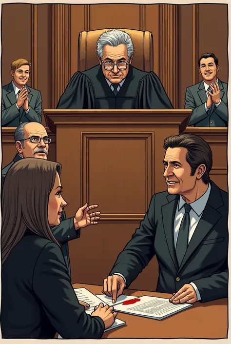  Page 6 :  La Esperanza Renace 
( 4 vignettes in total )

Vignette 1: El judge Dicta Sentencia
Escenario: courtroom .  A judge with gray hair and a severe face is sitting behind his wooden platform,  hitting the deck .  The people in the court benches appl...