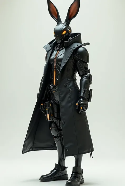  person wearing cybernetic suit that resembles a hare,  with black overcoat , holster and spring boots .  full body 