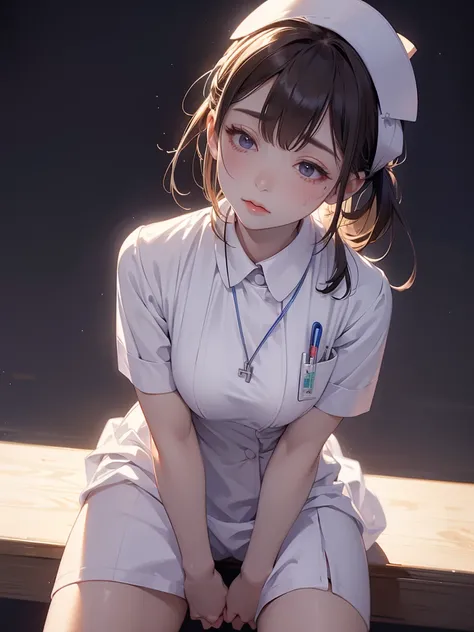 (Sweaty whole body),( Half Closed Eyes ),upper body,(( Very Dark Room )),( Necklaces ),((white nurse uniform)),nurse uniform,(( fingering)),(((look up))),(( focus on crotch ))