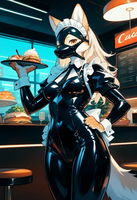 Highest quality, Highest quality, High quality illustrations, masterpiece, Ultra-high resolution, Detailed Background, Cafe, Absurd, Perfect Anatomy, performance, Good lighting, Shadows in the movies(kemono, Furry Personifi猫ion), Blueskin, Rubber suit, Rub...